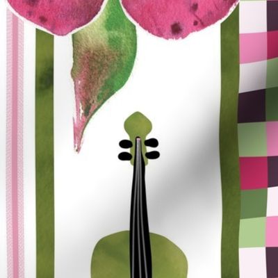 large-Violin Garden 2 - green violins and pink flowers,  with mosaic