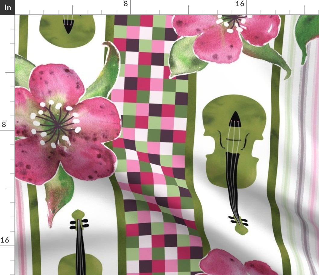 large-Violin Garden 2 - green violins and pink flowers,  with mosaic