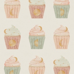 Celestial Birthday Cupcakes Watercolor Moon Phase pastel mint green and pink cupcakes with golden star sprinkles 16in