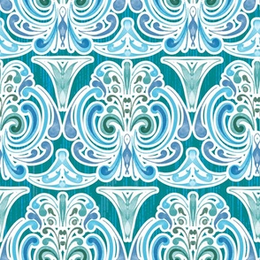Architectural ornament with swirls in green-blue tones