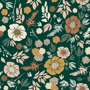 Whimsical Woodland Wallpaper Fabric, Green, Yellow Wildflowers, Flowers