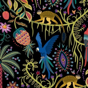 Joyful jungle with parrots, monkeys, palms and exotic flowers - bright & colourful on black - jumbo
