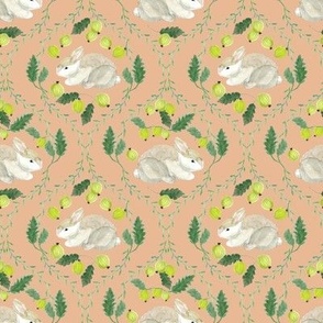 Bunny Rabbit, Forest Friends, Simple Trellis, Peach Background, Green, Gooseberries