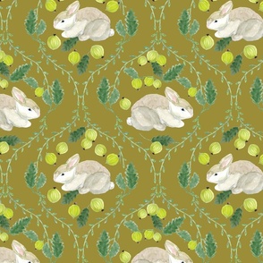 Bunny Rabbit, Forest Friends, Latticework, Artichoke Green Background, Green, Gooseberries