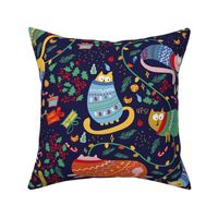 Pink, yellow, Christmas Cats in Colorful Ugly Sweaters on Dark Navy