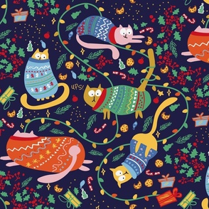 Pink, yellow, Christmas Cats in Colorful Ugly Sweaters on Dark Navy