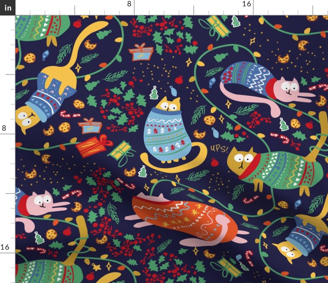 Pink, yellow, Christmas Cats in Colorful Ugly Sweaters on Dark Navy