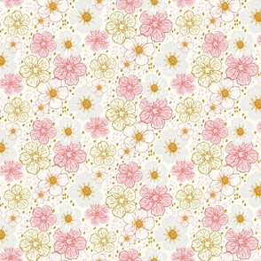 Scattered detailed multicolor pink copper strawberry flowers on ecru white