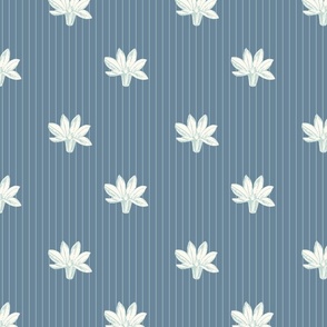 White Striped Squill flowers over baby blue stripes on denim blue