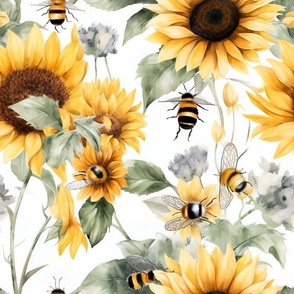 Sunflowers and Bumble Bees Watercolor