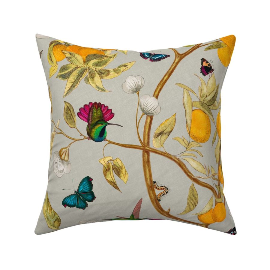 Hummingbirds, lemons and butterflies in greige beige cream