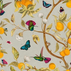 Hummingbirds, lemons and butterflies in greige beige cream