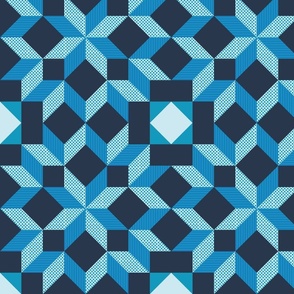 geometric quilt star pattern clash in caribbean, bluebell and navy blue | medium