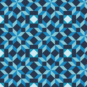 geometric quilt star pattern clash in caribbean, bluebell and navy | small