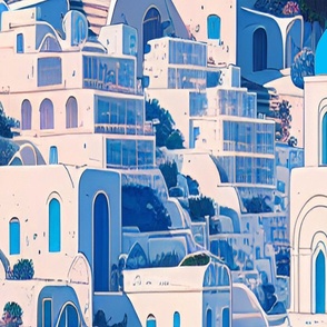 Stained glass, city, white, blue,  santorini