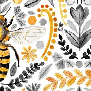 Watercolour Bee Brocade - Yellow & Grey