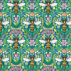 Watercolour Bee Brocade on Teal - Tiny