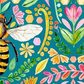 Watercolour Bee Brocade on Teal