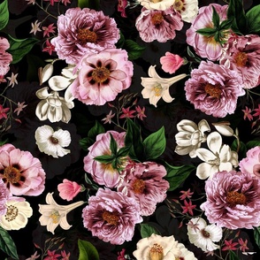 Embrace Vintage Summer Romanticism with Maximalist Moody Florals: Antiqued Peonies, Rococo Roses, and Nostalgic Gothic Antique Botany Wallpaper, Infused with Victorian Charm black mystic goth night