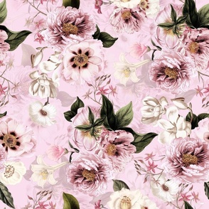 Embrace Vintage Summer Romanticism with Maximalist Moody Florals: Antiqued Peonies, Rococo Roses, and Nostalgic Gothic Antique Botany Wallpaper, Infused with Victorian Charm blush pink double layer