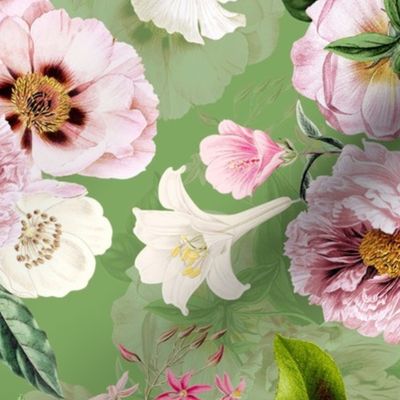 Embrace Vintage Summer Romanticism with Maximalist Moody Florals: Antiqued Peonies, Rococo Roses, and Nostalgic Gothic Antique Botany Wallpaper, Infused with Victorian Charm spring green double layer