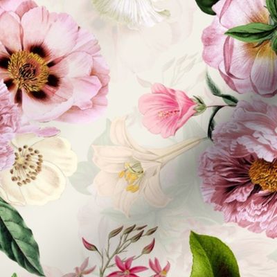 Embrace Vintage Summer Romanticism with Maximalist Moody Florals: Antiqued Peonies, Rococo Roses, and Nostalgic Gothic Antique Botany Wallpaper, Infused with Victorian Charm off white double layer