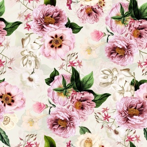 Embrace Vintage Summer Romanticism with Maximalist Moody Florals: Antiqued Peonies, Rococo Roses, and Nostalgic Gothic Antique Botany Wallpaper, Infused with Victorian Charm off white double layer