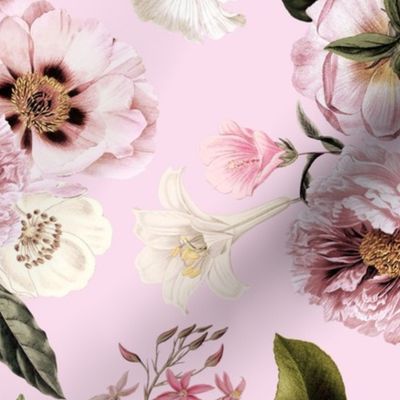 Embrace Vintage Summer dramatic Romanticism with Maximalist Moody Florals: Antiqued Peonies, Rococo Roses, and Nostalgic Gothic Antique Botany Wallpaper, Infused with Victorian Charm blush pink