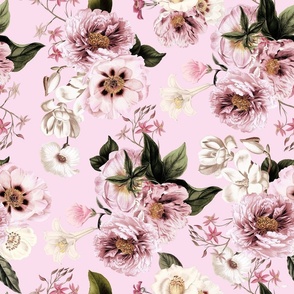 Embrace Vintage Summer Romanticism with Maximalist Moody Florals: Antiqued Peonies, Rococo Roses, and Nostalgic Gothic Antique Botany Wallpaper, Infused with Victorian Charm blush pink