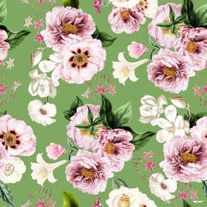 Embrace Vintage Summer Romanticism with Maximalist Moody Florals: Antiqued Peonies, Rococo Roses, and Nostalgic Gothic Antique Botany Wallpaper, Infused with Victorian Charm spring green