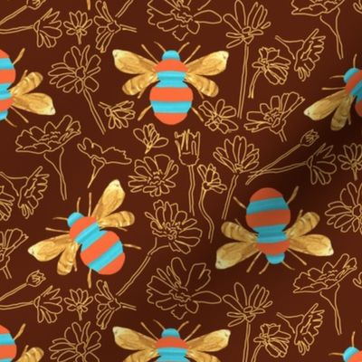 Painted Bumble Bees with Floral Outlines on Coppery Brown -  smaller scale