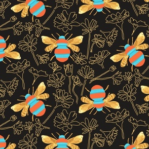 Painted Bumble Bees with Floral Outlines on Black Background