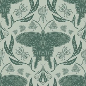 Butterfly with beetles in sage green