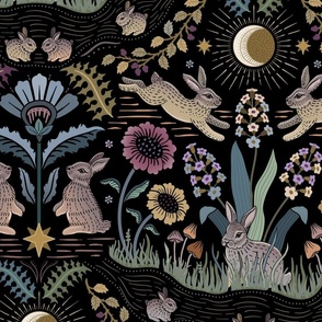 Sacred woodland rabbits everywhere - rabbit, warren, moon, flower- muted jewel tones on black - large