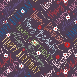 Happy Birthday hand lettering multicolor on plum / purple - medium scale