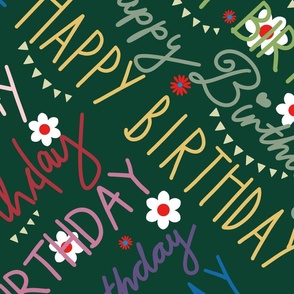 Happy Birthday hand lettering multicolor on dark green - large scale