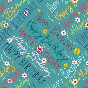 Happy Birthday hand lettering multicolor on teal / mint green - medium scale