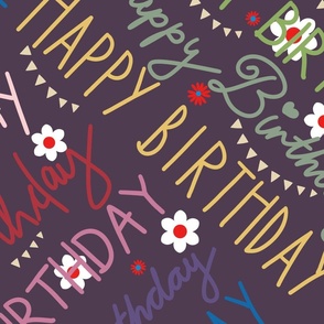 Happy Birthday hand lettering multicolor on plum / purple - large scale