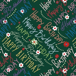 Happy Birthday hand lettering multicolor on dark green - medium scale