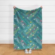 Happy Birthday hand lettering multicolor on teal / mint green - large scale