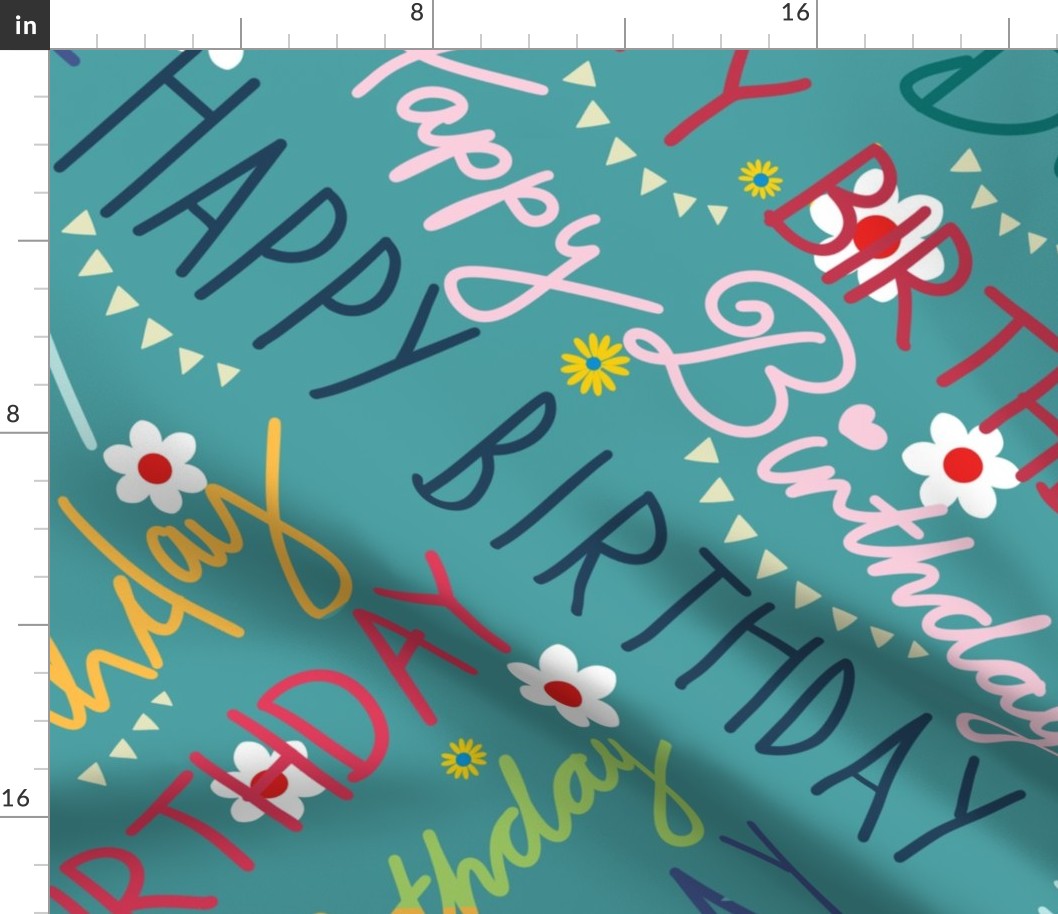 Happy Birthday hand lettering multicolor on teal / mint green - large scale