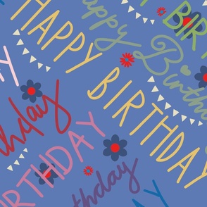 Happy Birthday hand lettering multicolor on Cornflower blue - large scale