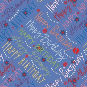 Happy Birthday hand lettering multicolor on Cornflower - medium scale