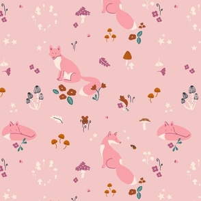 (L) Fall fabric forest fox - autumn woodland - pink blush, large scale