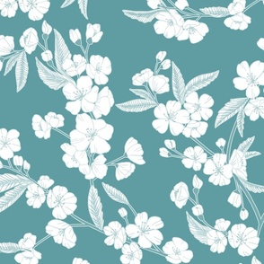 White Blossom Garden - Teal Blue - Large Scale 