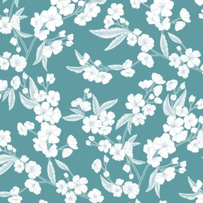 White Blossom Garden - Teal Blue - Medium Scale 