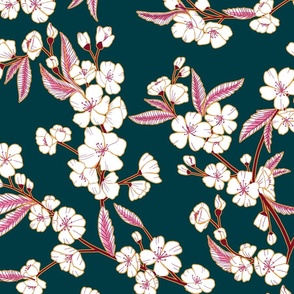 White Blossom Garden - Pink and Navy - Large Scale 