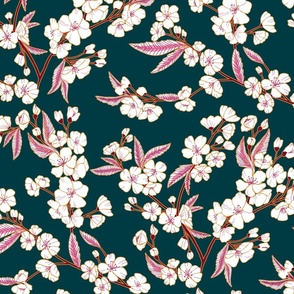 White Blossom Garden - Pink and Navy - Medium Scale 