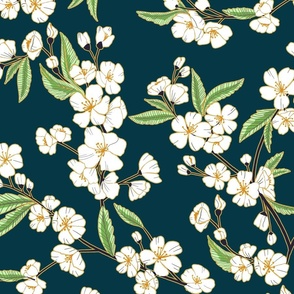 White Blossom Garden - Navy - Large Scale 