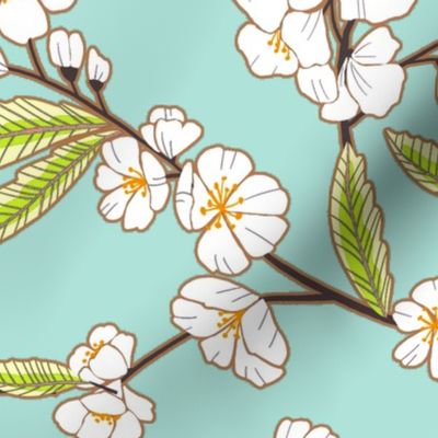 White Blossom Garden - Minty Blue - Large Scale 